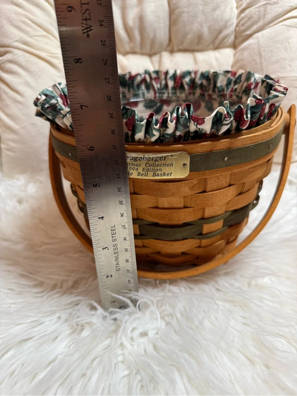 Longaberger 1994 Edition Christmas Collection Jingle Bell Basket w/ Holly Liner